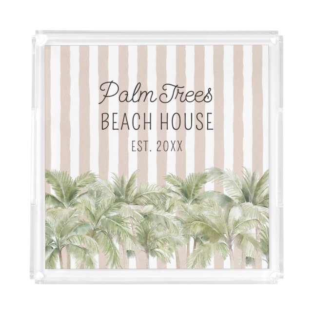 Tropical Palm Trees Beige Stripes Beach House Acrylic Tray (Front)