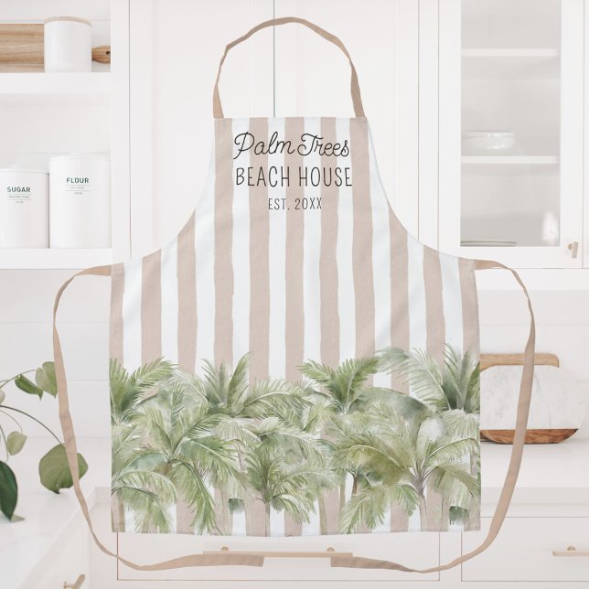 Tropical Palm Trees Beige Stripes Beach House Apron (In situ)