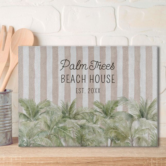 Tropical Palm Trees Beige Stripes Beach House Cutting Board (In situ)