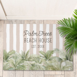 Tropical Palm Trees Beige Stripes Beach House Doormat