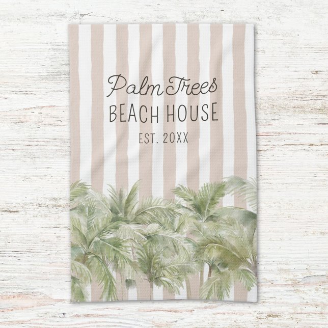 Tropical Palm Trees Beige Stripes Beach House Kitchen Towel (In situ)