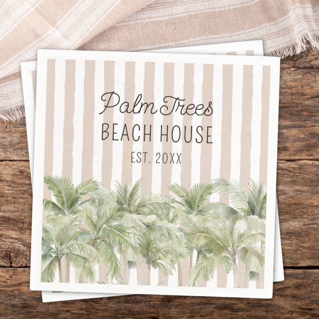 Tropical Palm Trees Beige Stripes Beach House Napkins (In situ)