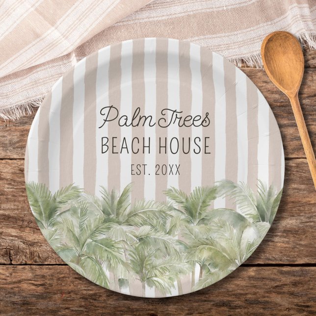 Tropical Palm Trees Beige Stripes Beach House Paper Plates (In situ)