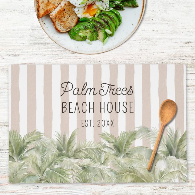Tropical Palm Trees Beige Stripes Beach House Placemat (In situ)