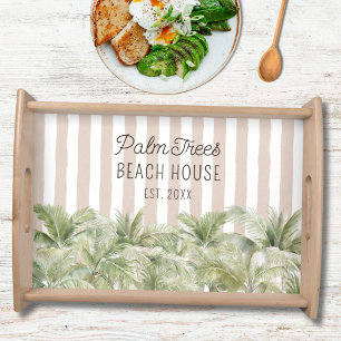 Tropical Palm Trees Beige Stripes Beach House Serving Tray