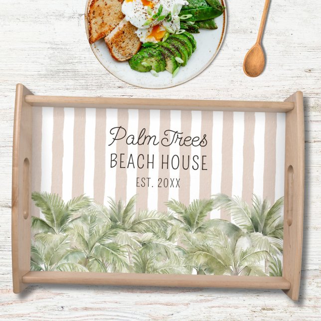 Tropical Palm Trees Beige Stripes Beach House Serving Tray (In situ)