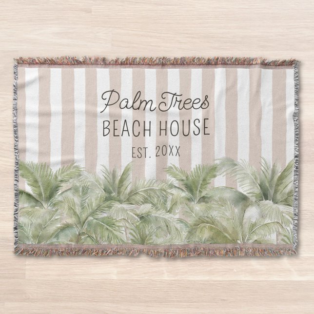 Tropical Palm Trees Beige Stripes Beach House Throw Blanket (In situ)