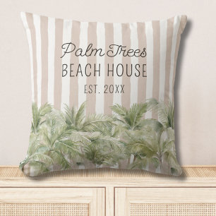 Tropical Palm Trees Beige Stripes Beach House Throw Pillow