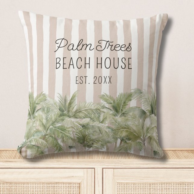 Tropical Palm Trees Beige Stripes Beach House Throw Pillow (In situ)