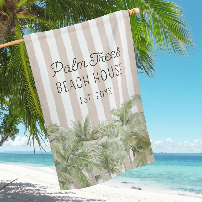 Tropical Palm Trees Beige Stripes Coastal Beach House Flag (In situ)