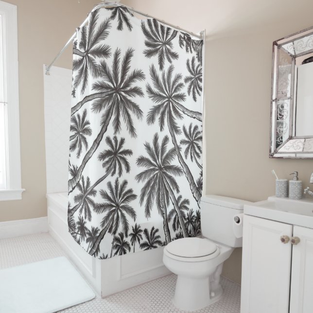 Tropical Palm Trees Black and White Pattern Shower Curtain (In Situ)