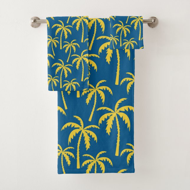 Tropical Palm Trees Blue Yellow Beach Island Bath Towel Set (Insitu)