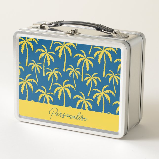 Tropical Palm Trees Blue Yellow Personalized Metal Lunch Box (Front)