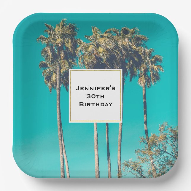 Tropical Palm Trees California Retro Birthday Paper Plates (Front)
