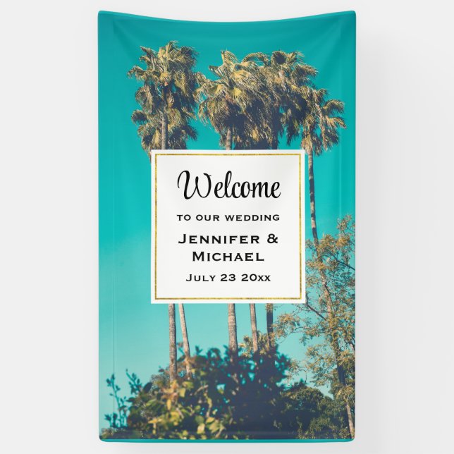 Tropical Palm Trees California Retro Vibe Wedding Banner (Vertical)