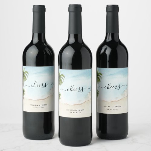 Tropical Palm Trees Cheers Exotic Beach Wedding    Wine Label