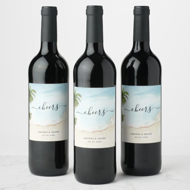 Tropical Palm Trees Cheers Exotic Beach Wedding    Wine Label (Bottles)