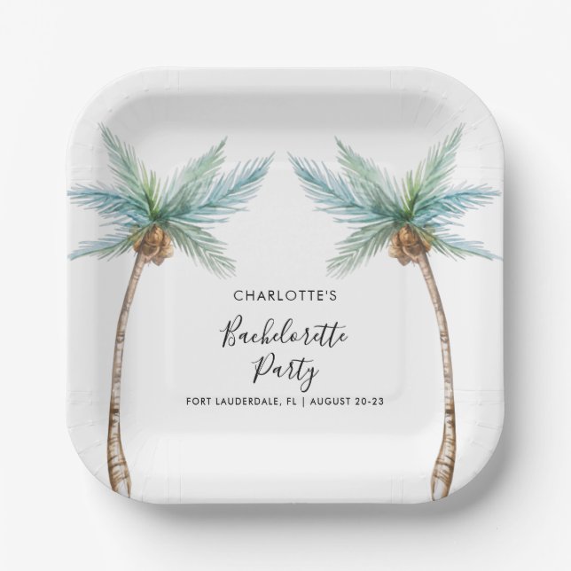 Tropical Palm Trees Coastal Bachelorette Custom Paper Plates (Front)