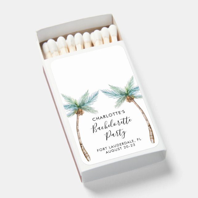 Tropical Palm Trees Coastal Bachelorette Party Matchboxes (Front Open)