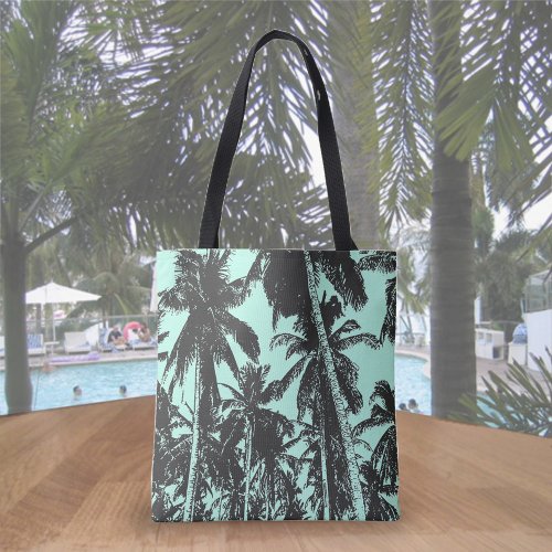 Tropical Palm Trees Design in Black and Blue Tote Bag