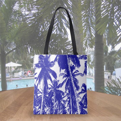 Tropical Palm Trees Design in Blue and White Tote Bag