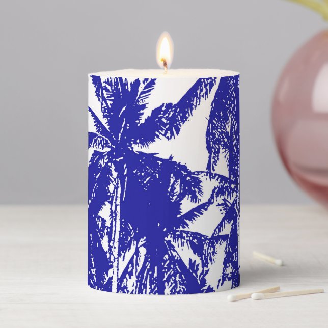 Tropical Palm Trees Design in Blue Pillar Candle (In Situ)
