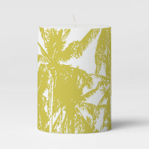 Tropical Palm Trees Design in Gold and White Pillar Candle
