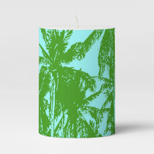 Tropical Palm Trees Design in Green & Blue Pillar Candle