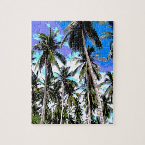 Tropical Palm Trees Design in Greens and  Blues Jigsaw Puzzle