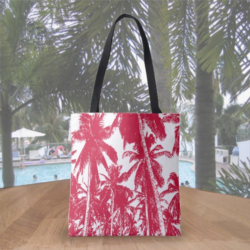 Tropical Palm Trees Design in Red and White Tote Bag