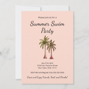 Tropical Palm Trees Elegant Blush Pink Pool Party Invitation