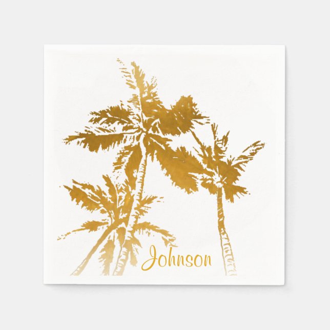 Tropical Palm Trees Faux Gold Script Add Name Napkins (Front)