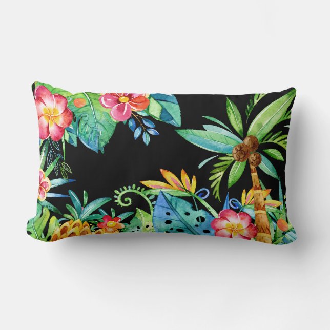 Tropical Palm Trees & Floral Watercolor Black Lumbar Pillow (Front)