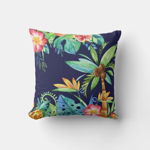 Tropical Palm Trees  Floral Watercolor Navy Blue Outdoor Pillow