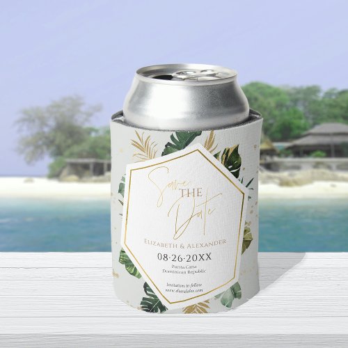 Tropical Palm Trees Gilded Script Save The Date Can Cooler