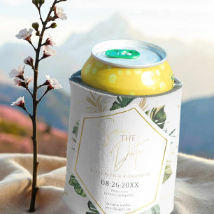 Tropical Palm Trees Gilded Script Save The Date Can Cooler