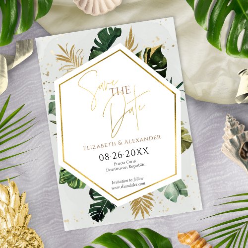 Tropical Palm Trees Gilded Script Save The Date Invitation