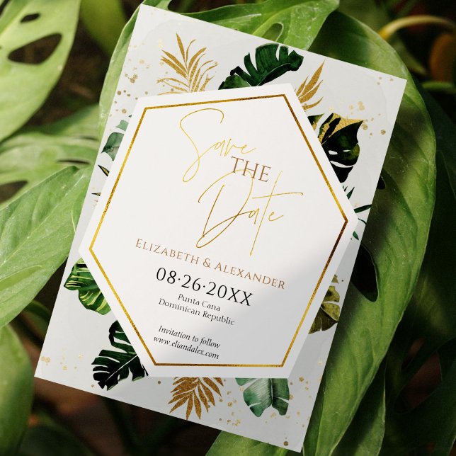 Tropical Palm Trees Gilded Script Save The Date Invitation (Creator Uploaded)