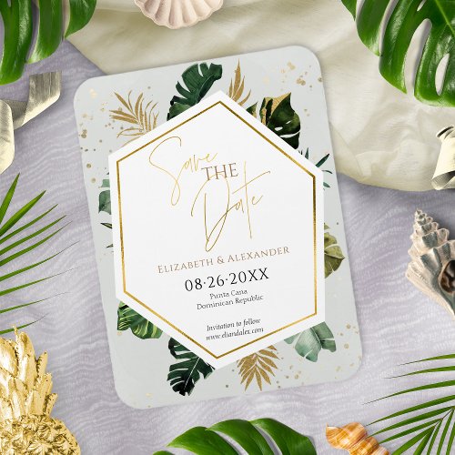 Tropical Palm Trees Gilded Script Save The Date Magnet