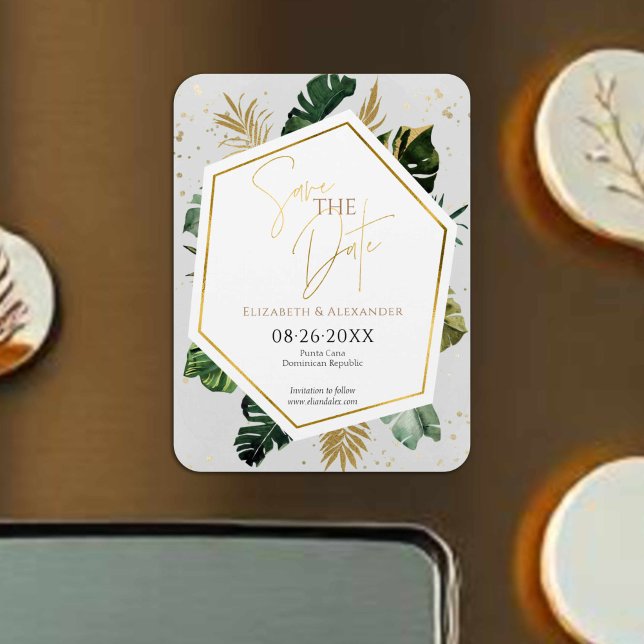Tropical Palm Trees Gilded Script Save The Date Magnet (Creator Uploaded)