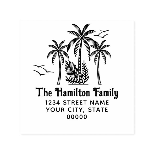 Tropical Palm Trees, Gulls Family Name Address SQ Self-inking Stamp (Design)
