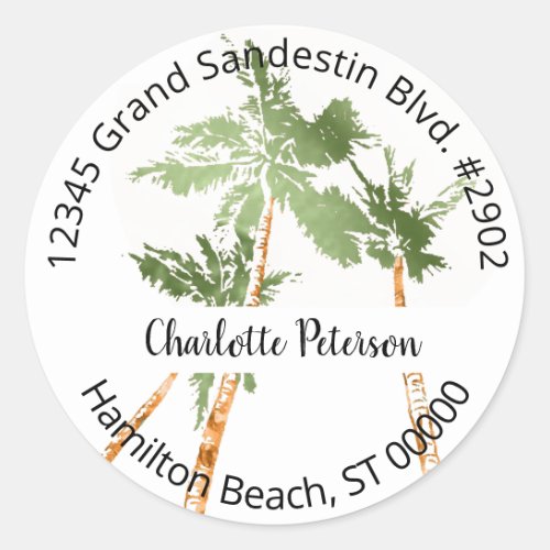 Tropical Palm Trees Hand Lettered Return Address C Classic Round Sticker