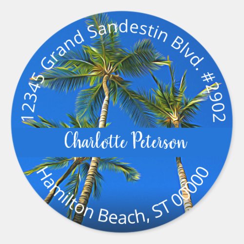 Tropical Palm Trees Hand Lettered Return Address Classic Round Sticker