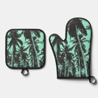 Tropical Palm Trees in Black and Green on an Oven Mitt & Pot Holder Set