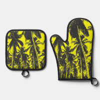 Tropical Palm Trees in Black and Yellow on an Oven Mitt & Pot Holder Set