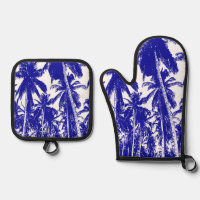 Tropical Palm Trees in Blue and White on an Oven Mitt & Pot Holder Set