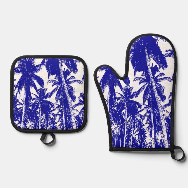 Tropical Palm Trees in Blue and White on an Oven Mitt & Pot Holder Set (Front)