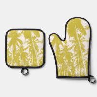 Tropical Palm Trees in Gold and White on an Oven Mitt & Pot Holder Set