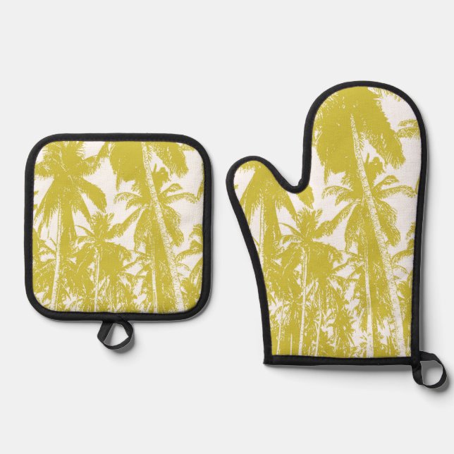 Tropical Palm Trees in Gold and White on an Oven Mitt & Pot Holder Set (Front)