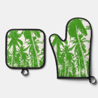Tropical Palm Trees in Green and White on an Oven Mitt & Pot Holder Set